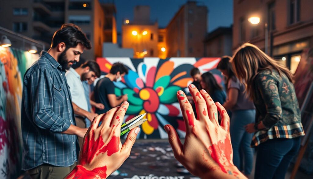 artists collaborating on a mural artists collaborating on a mural